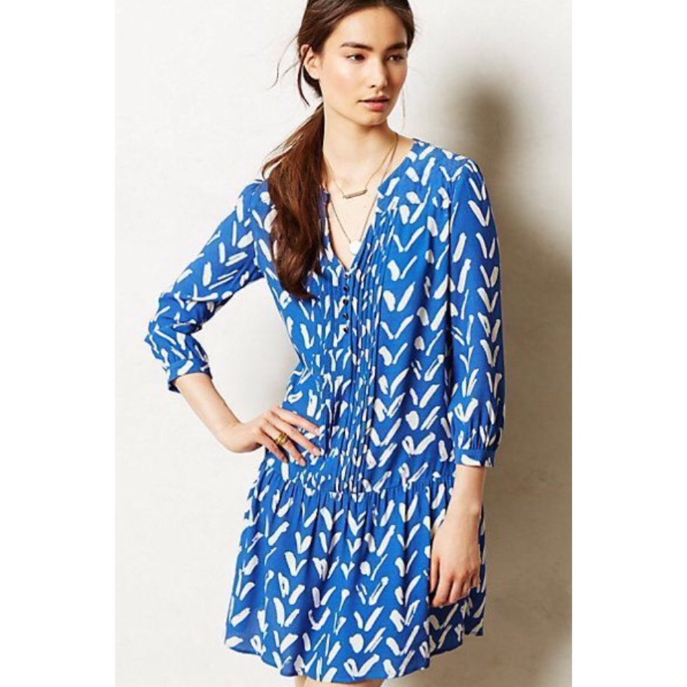 Anthropologie Blue and White Printed V-Neck Long Sleeve Dress